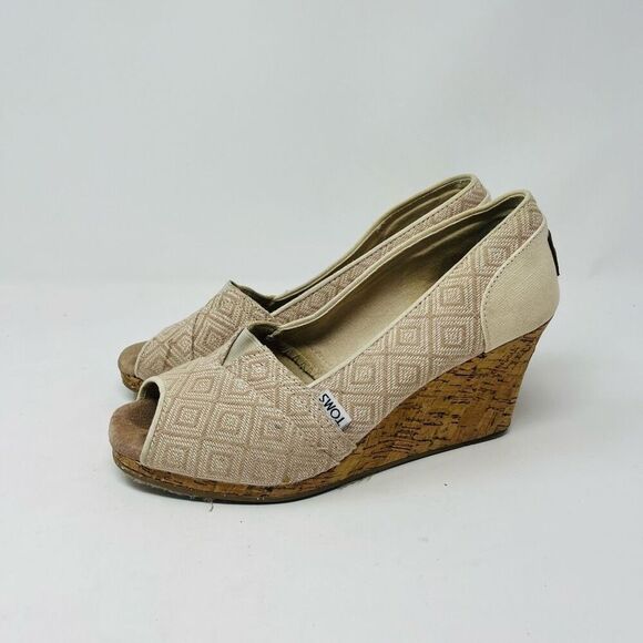 Toms Heel Shoes Espadrille Wedge Open Toe Diamond Print Beige Tan Womens Size 6 - Picture 1 of 7